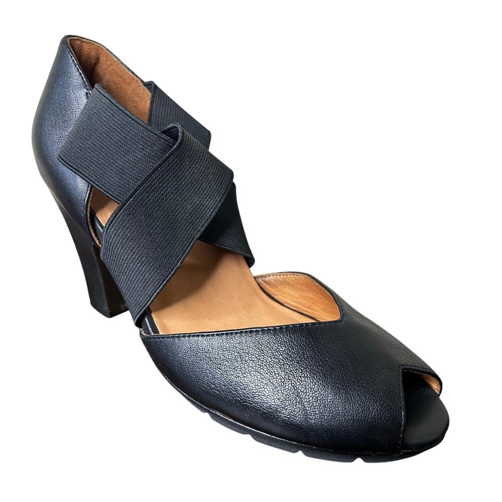 Le Amour Des Pieds Shoes Size 6 Black Leather Heels Strappy Stretchy Peep Toe